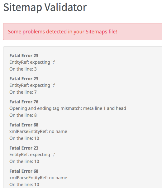 seoptimer sitemap validator showing errors screenshot